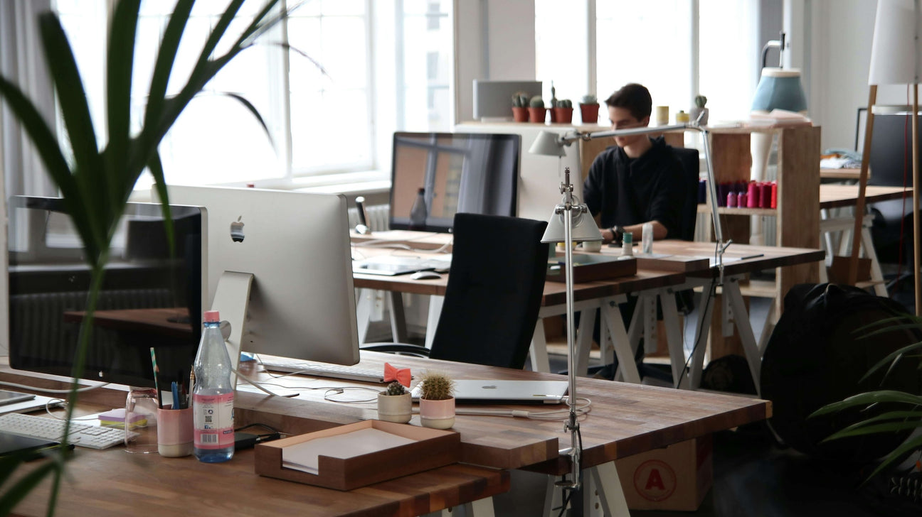 This image depicts a modern, small, open-concept office space with several desks equipped with computers, office supplies, and small plants. A person is working in the background, focused on their task, while natural light streams in through large windows. The office environment feels creative and organized, with a minimalist design and a few decorative touches.